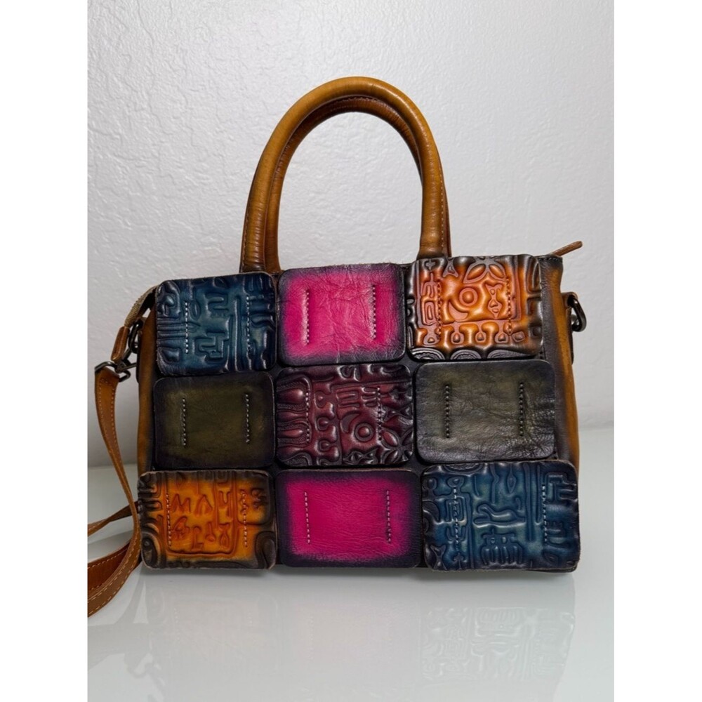 Aphison Pure Handmade Embossed Leather Patchwork Satchel Handbag - Art To Wear